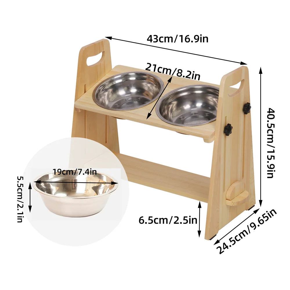 Höhenverstellbare Futterstation aus Kiefernholz – Ergonomischer Napfständer mit 2 Edelstahlnäpfen