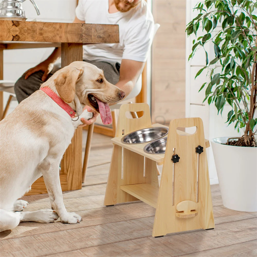 Höhenverstellbare Futterstation aus Kiefernholz – Ergonomischer Napfständer mit 2 Edelstahlnäpfen