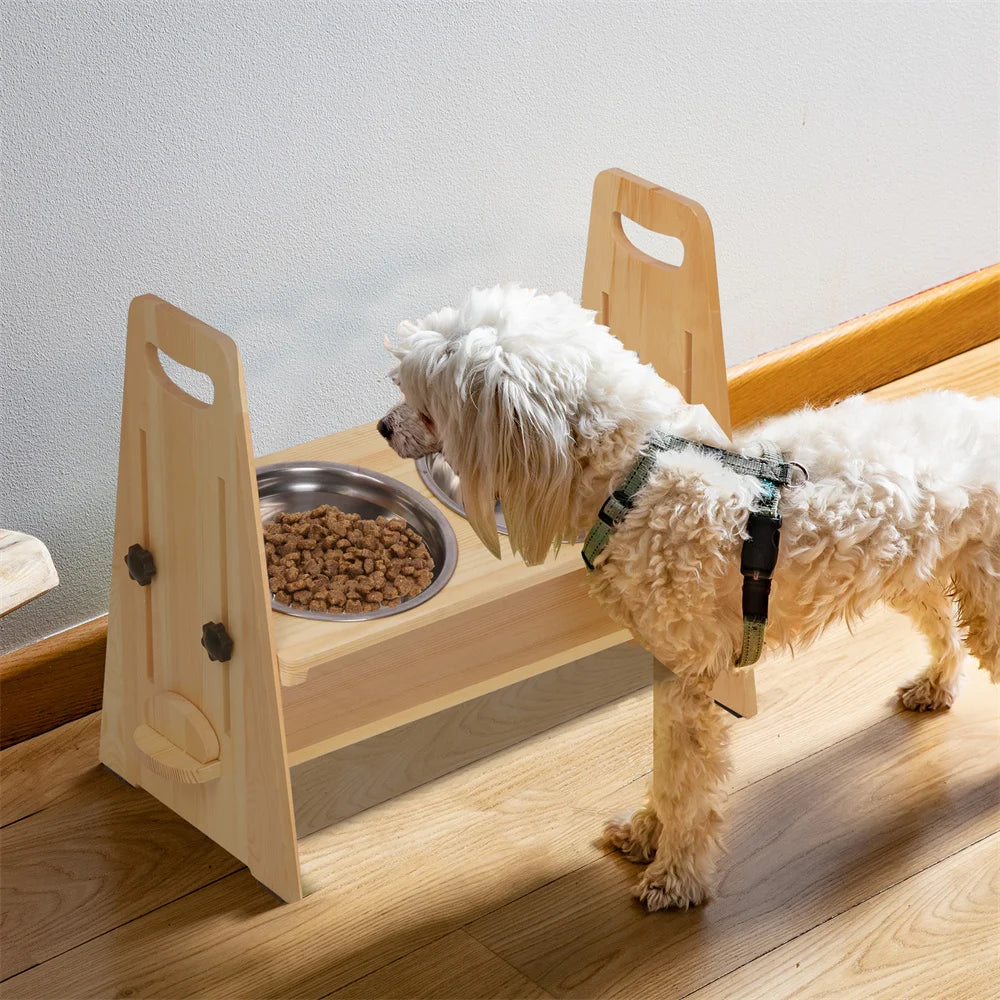 Höhenverstellbare Futterstation aus Kiefernholz – Ergonomischer Napfständer mit 2 Edelstahlnäpfen