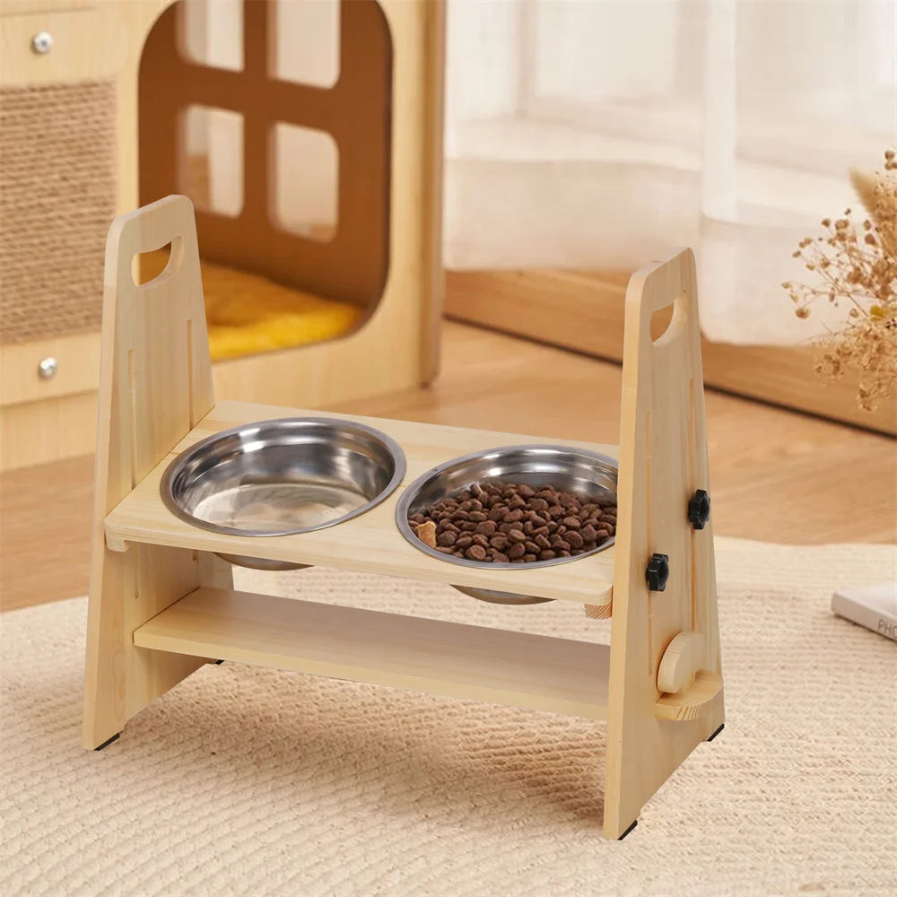 Höhenverstellbare Futterstation aus Kiefernholz – Ergonomischer Napfständer mit 2 Edelstahlnäpfen