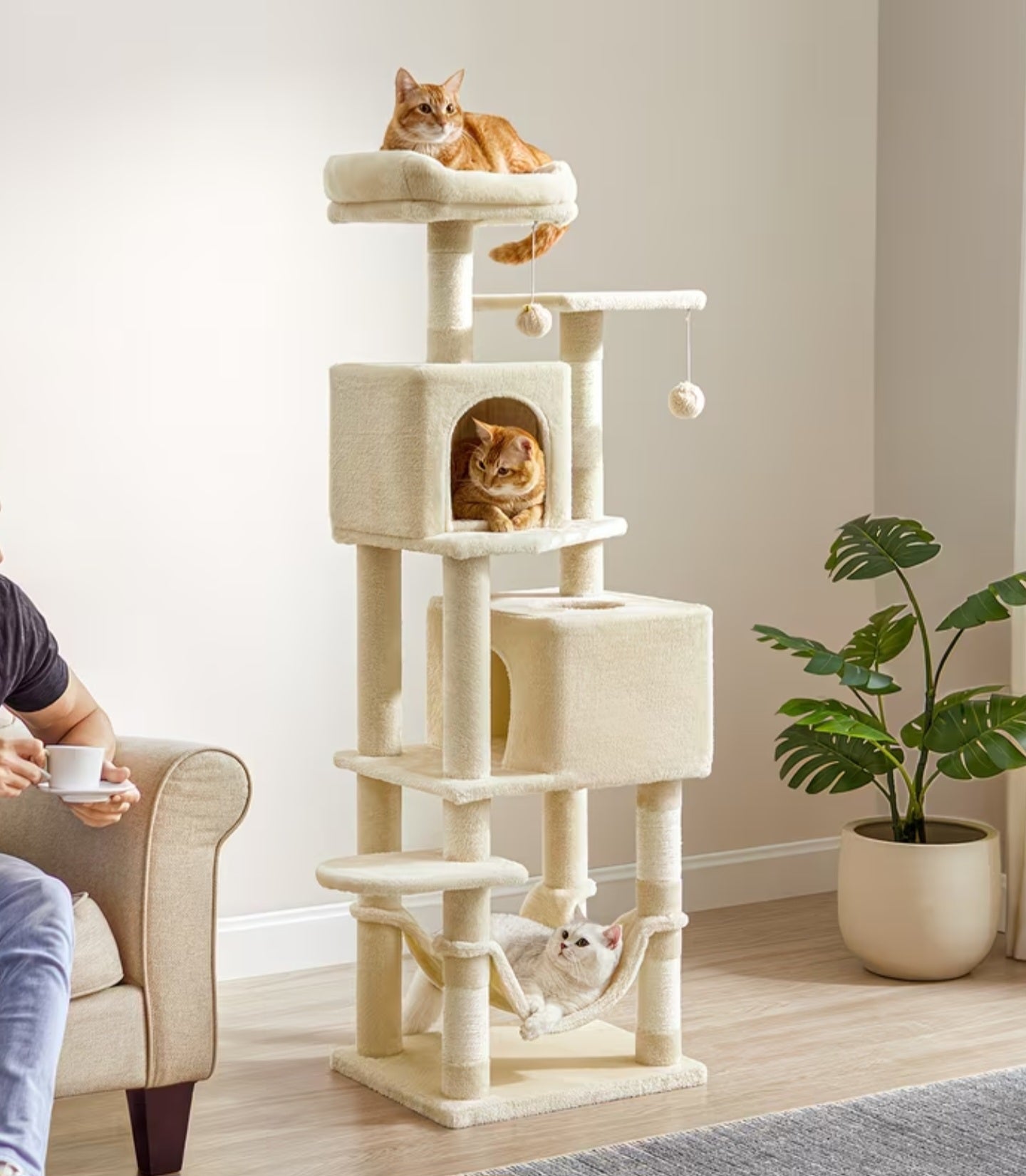 Pfotivo™ Kratzbaum „SkyLounge“ – Stabiler Katzen-Kletterturm mit Höhlen & Hängematte