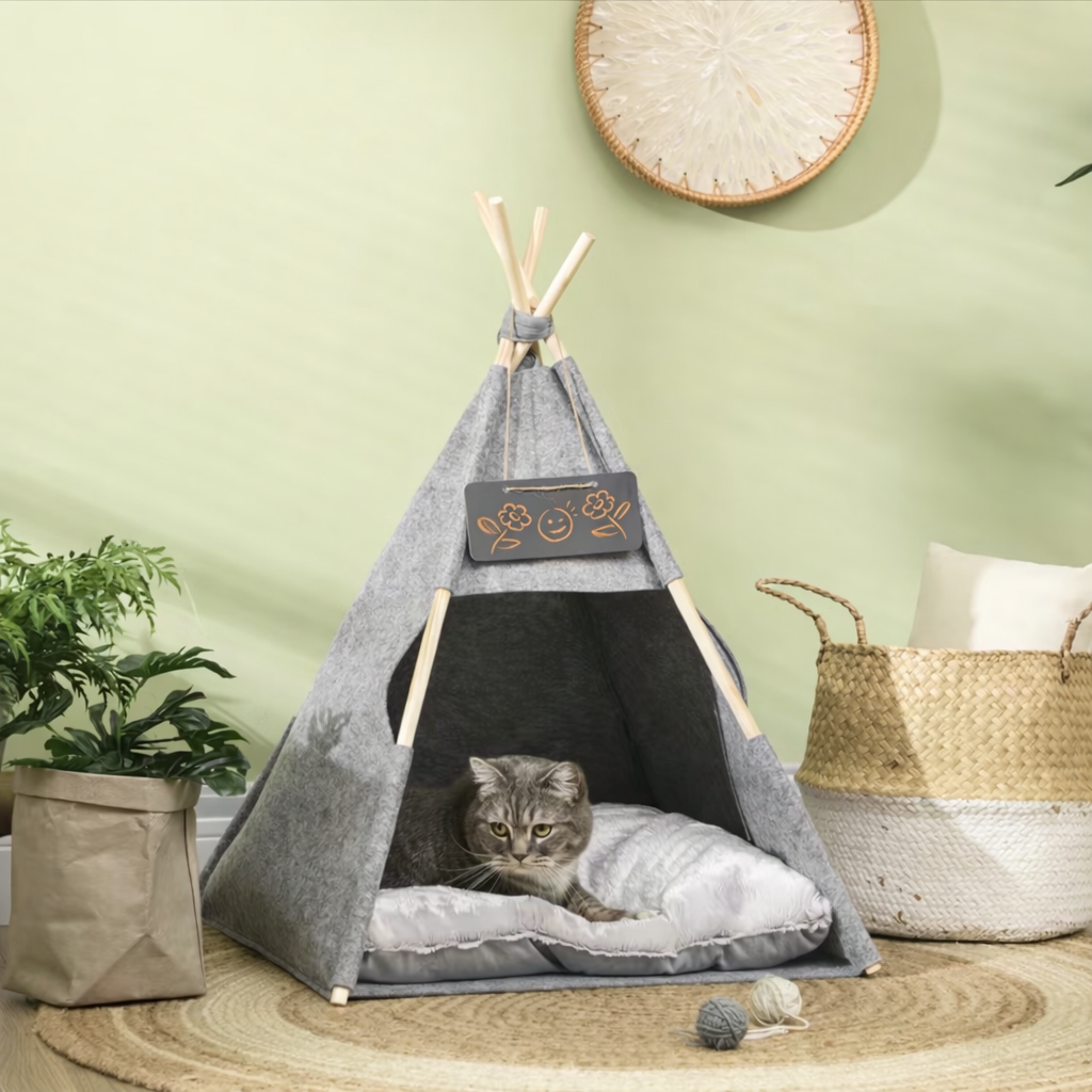CozyTent Katzenzelt – Kuscheliges Tipi mit Kissen & Holzgestell