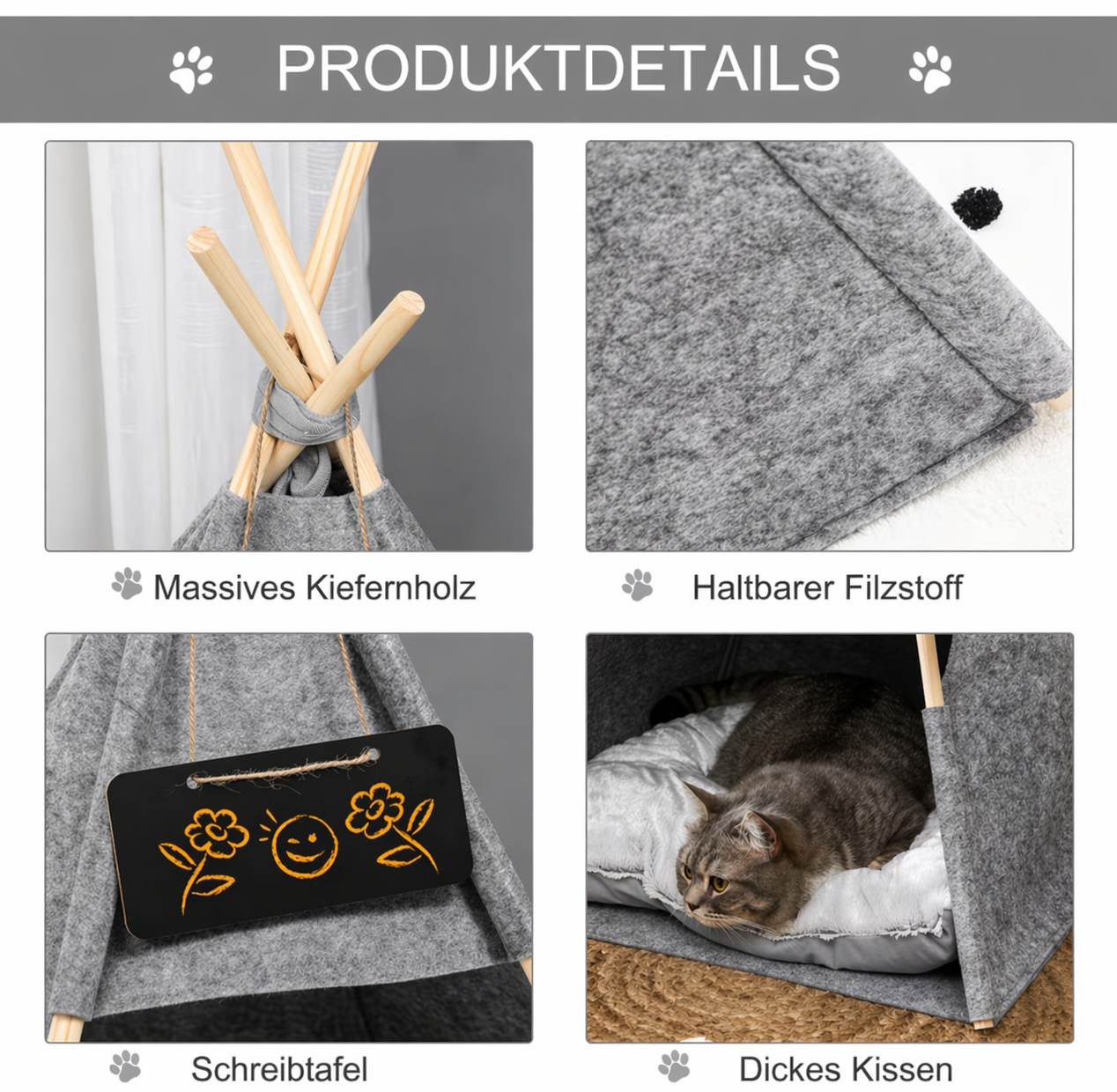 CozyTent Katzenzelt – Kuscheliges Tipi mit Kissen & Holzgestell